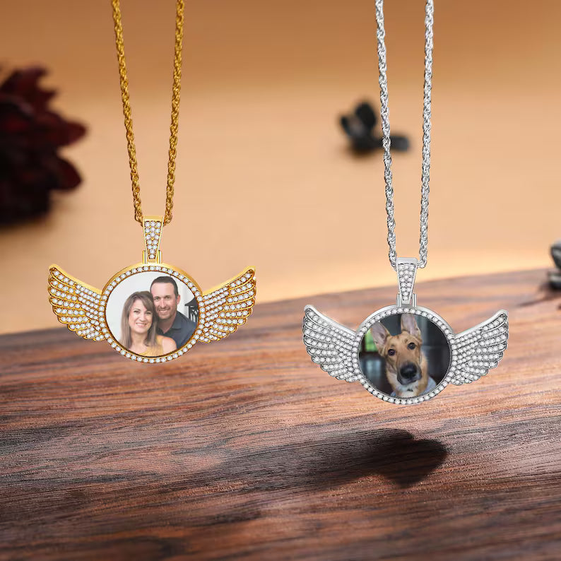 Personalized Diamond Studded Angel Wings Photo Necklace, Custom Photo Necklace, Hip Hop Photo Pendant, Custom Memorial Keepsake Necklace