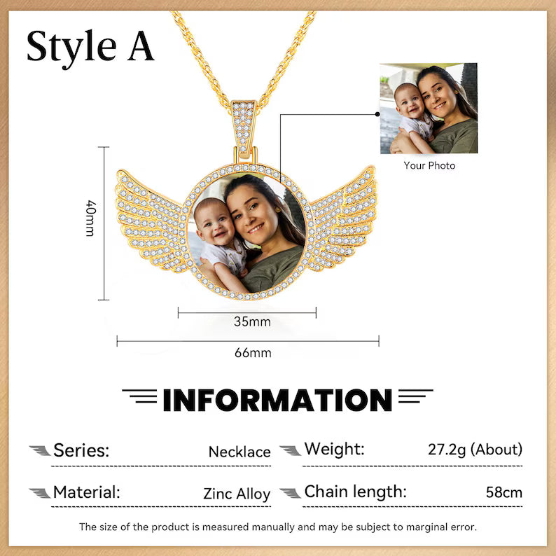 Personalized Diamond Studded Angel Wings Photo Necklace, Custom Photo Necklace, Hip Hop Photo Pendant, Custom Memorial Keepsake Necklace