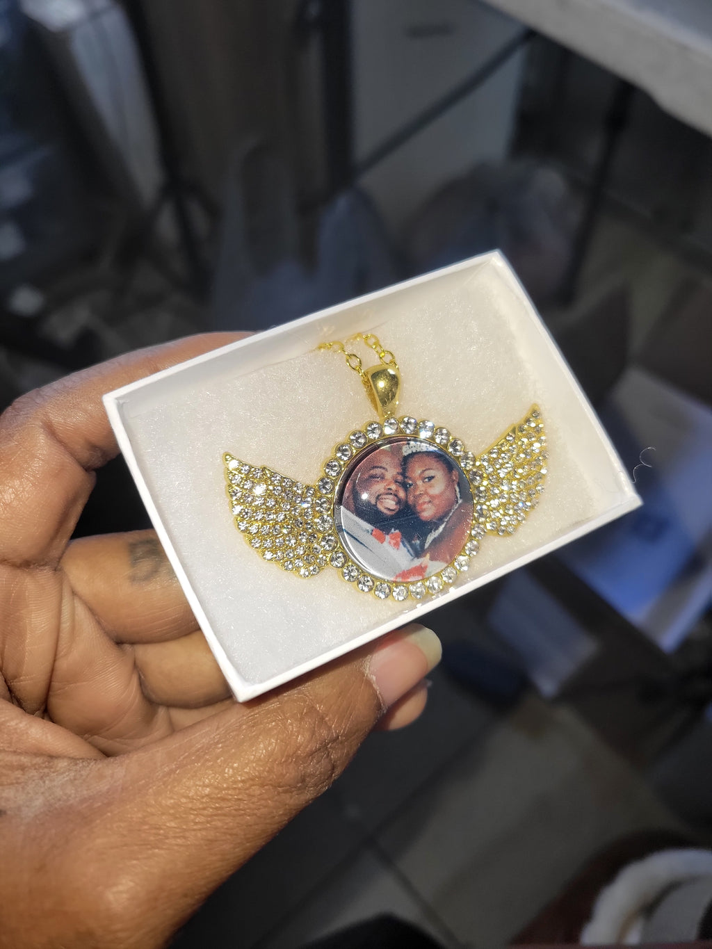 Personalized Diamond Studded Angel Wings Photo Necklace, Custom Photo Necklace, Hip Hop Photo Pendant, Custom Memorial Keepsake Necklace
