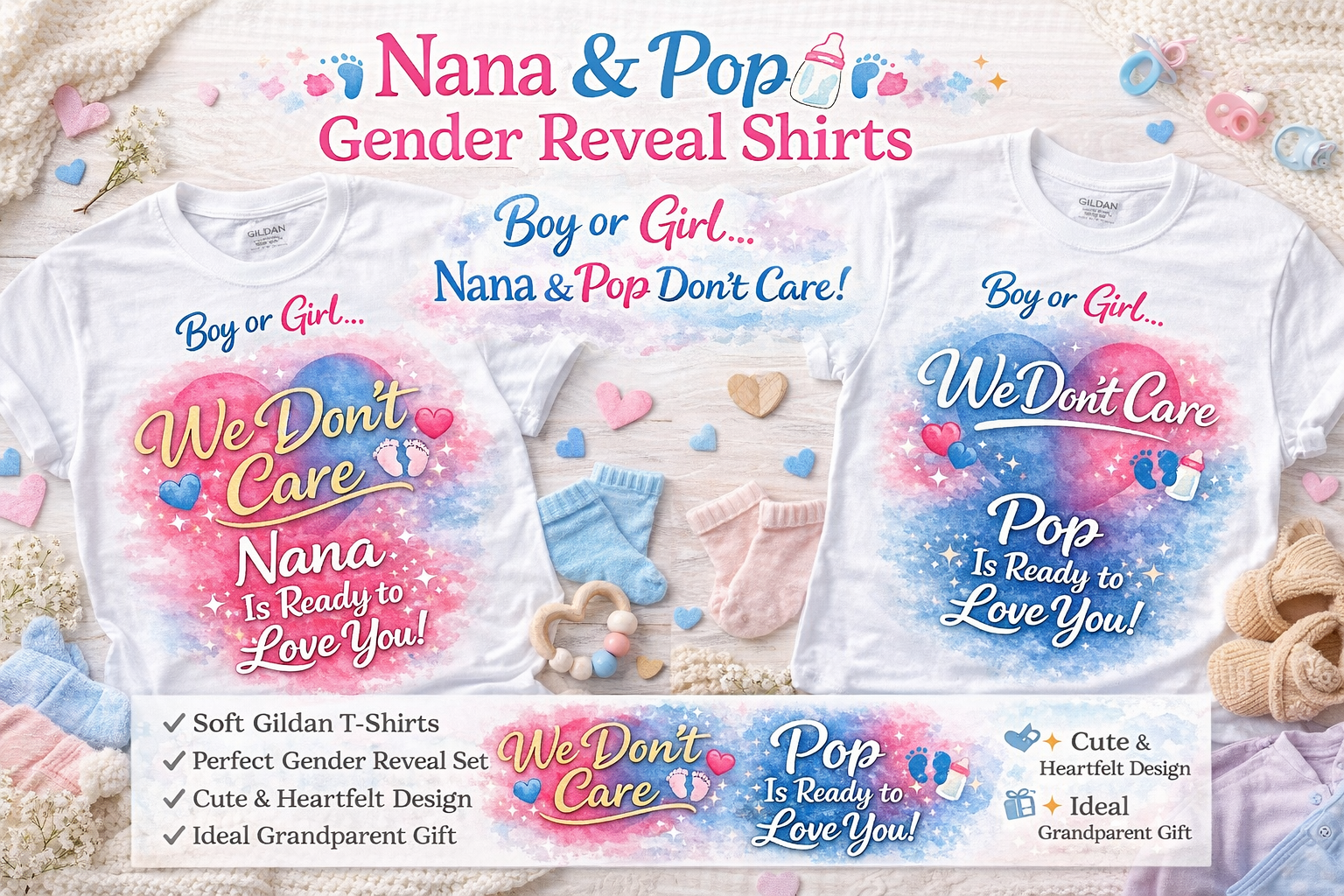 Nana & Pop Gender Reveal Shirts – Boy or Girl We Don’t Care | Grandparent Announcement Tee