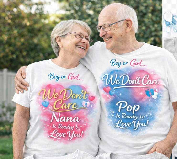 Nana & Pop Gender Reveal Shirts – Boy or Girl We Don’t Care | Grandparent Announcement Tee