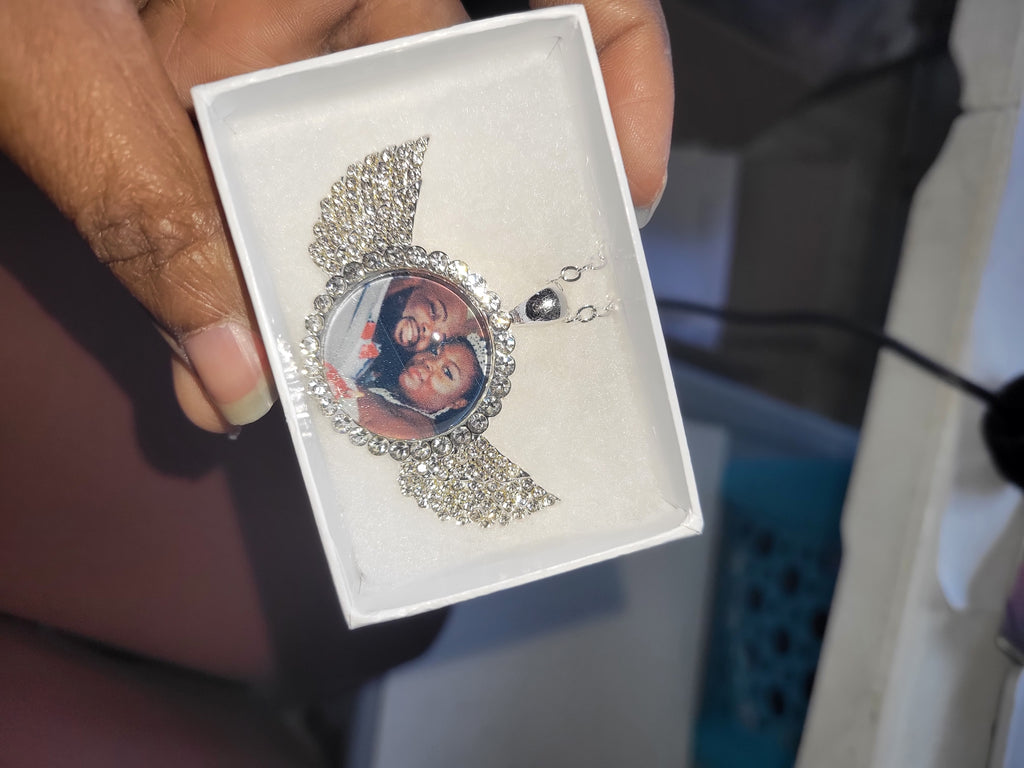 Personalized Diamond Studded Angel Wings Photo Necklace, Custom Photo Necklace, Hip Hop Photo Pendant, Custom Memorial Keepsake Necklace