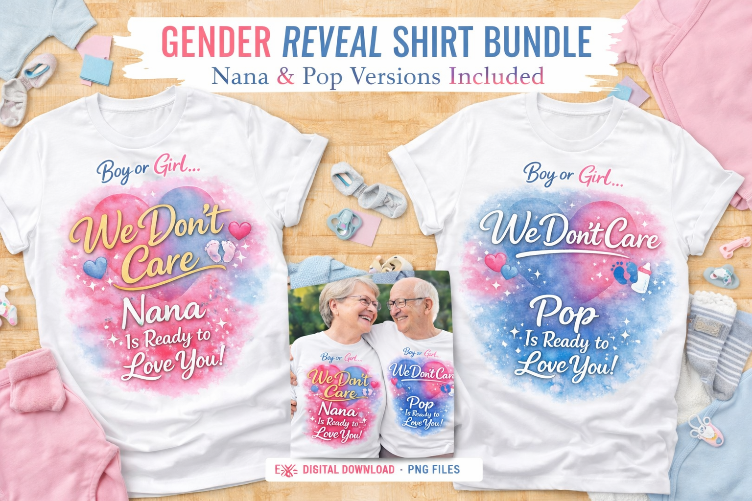 Nana & Pop Gender Reveal Shirts – Boy or Girl We Don’t Care | Grandparent Announcement Tee